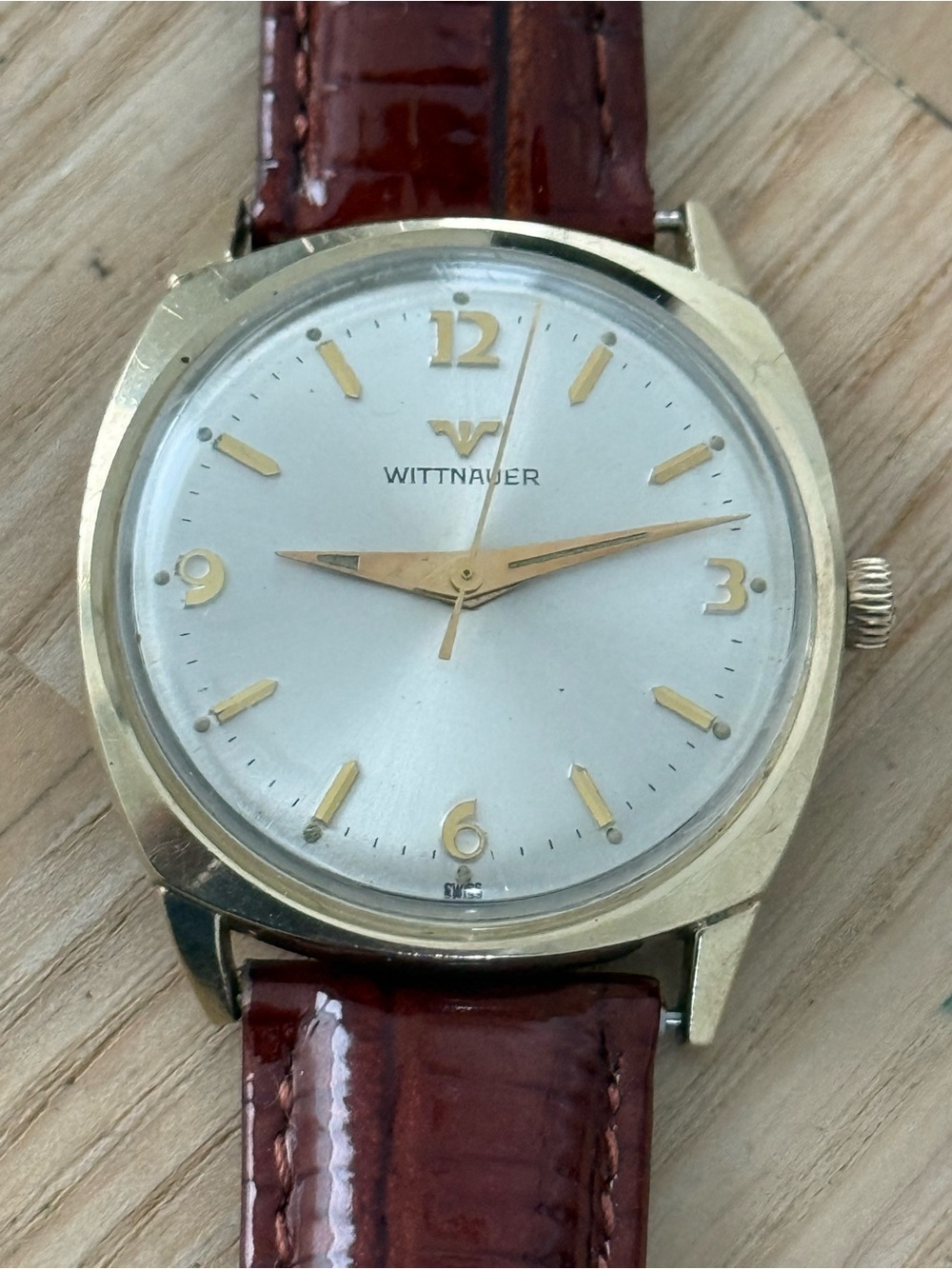 Wittnauer Longines Rare Mechanical Watch Silver Dial Gold Case New Leather Strap
